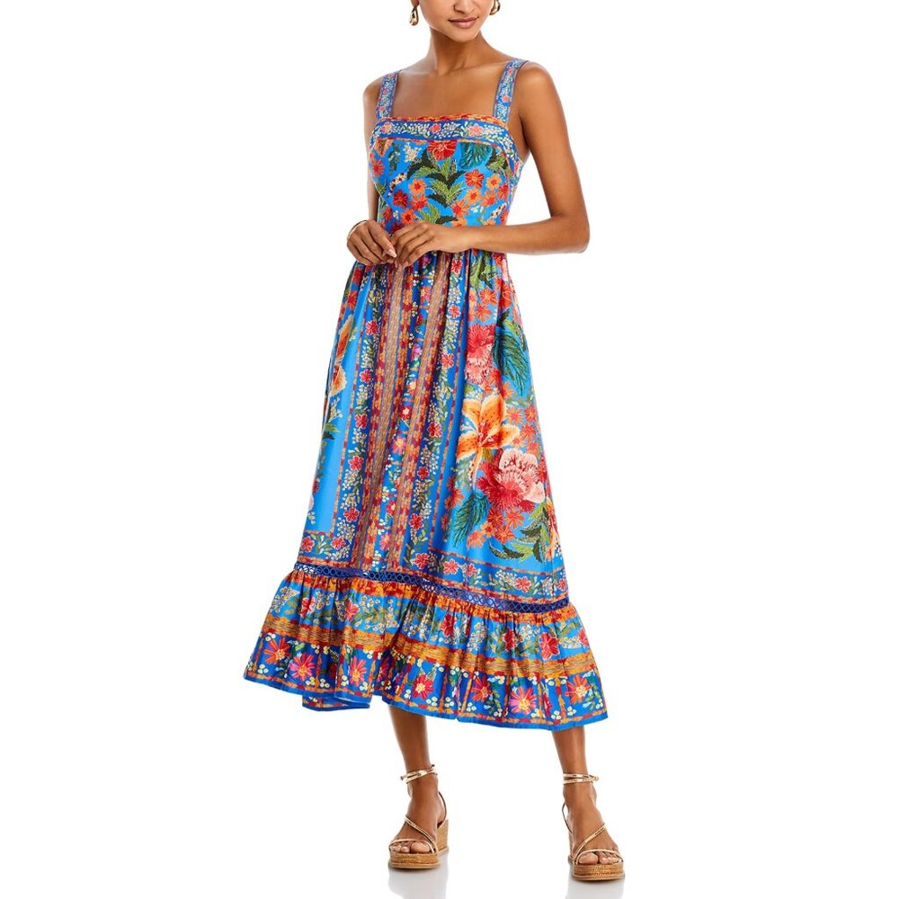FARM Rio Vibrant Blue Floral Midi Dress with Orange & Pink Blooms - Picture 2 of 16